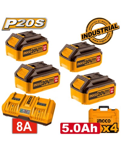 Μπαταρίες 4 Τεμαχίων 20V 5.0Ah + Ταχυφορτιστής 8A 2 Θέσεων + Βαλίτσα Σετ 6 Τεμαχίων FBCLI20285 Ingco
